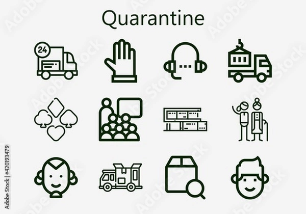 Fototapeta Premium set of quarantine [S] icons. Simple quarantine icon pack. Stroke vector illustration on a white background. Modern outline style icons collection of Gloves, Suit, Delivery, Man