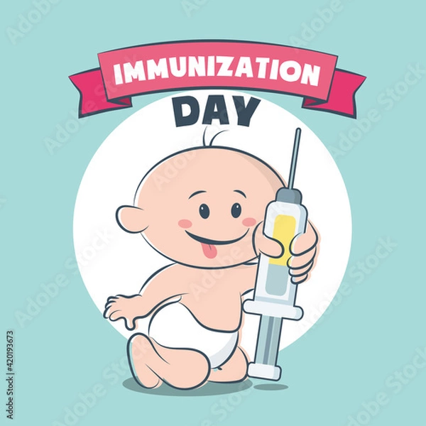 Obraz Immunization Day poster, baby child vaccination with injection illustration vector