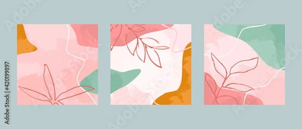 Fototapeta Set 3 illustration vector EPS 10 print hand draw painted abstract shapes dodles contemporary aesthetic boho mid century modern art with plant botanical gardens Scandinavian nordic design style