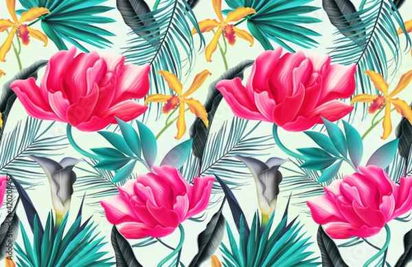 Obraz Seamless tropical flower, plant and leaf pattern background