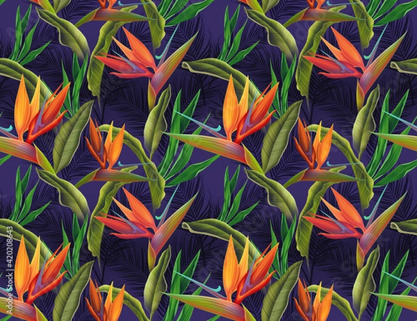 Fototapeta Seamless pattern with Tropical flowers and leaves design. Stylish trendy fashion floral pattern