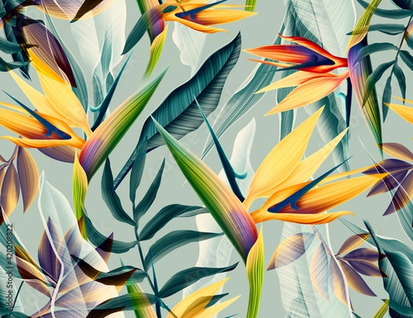 Obraz Seamless tropical flower, plant and leaf pattern background