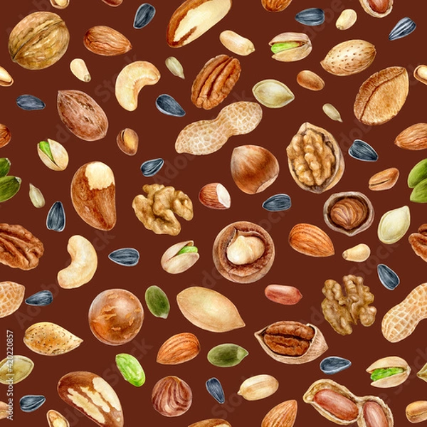 Fototapeta Watercolor seamless pattern nuts on a color background.