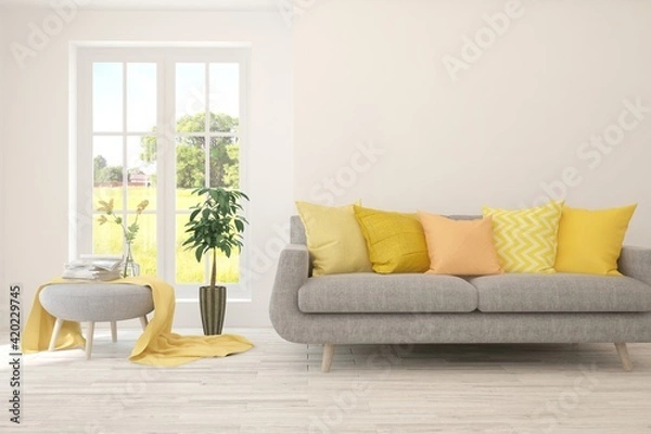 Fototapeta White living room with sofa and summer landscape in window. Scandinavian interior design. 3D illustration