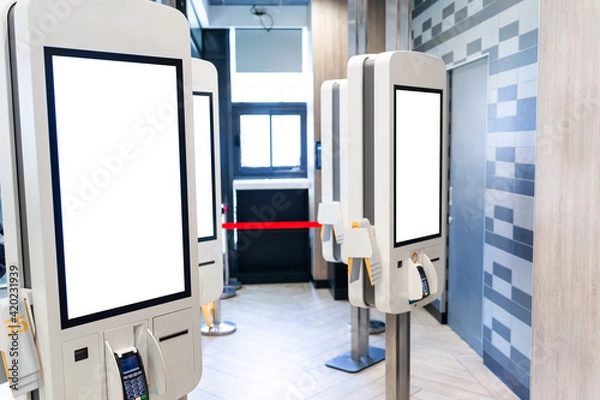 Obraz Self service restaurant, kiosk, terminal with empty screen, copy space, mockup