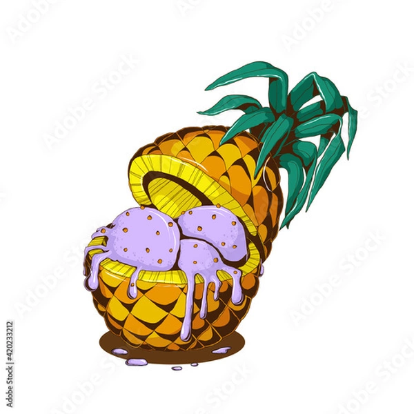 Obraz Hand drawn violet ice cream  with berry and pineapple in sliced yellow pineapple with leabes and milk cream in comix style. Colorful vector of ice cream sundae illustration in cartoon style.
