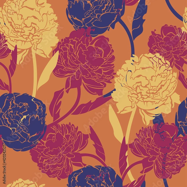 Obraz Vector seamless pattern with peonies on orange background. Exuberant blossom design.