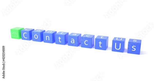 Obraz Contact us concept with blue cube block preceded with a green cube decorated with a telephone symbol. Website page contact us or e-mail marketing concept isolated on white background. 3d Illustration