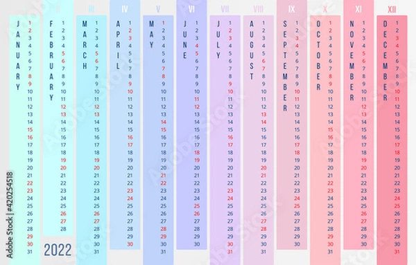 Obraz Multecolored calendar 2022. New 2022 year. 12 months vertically of different colors. Vector wall calendar on light background. Stock vector template
