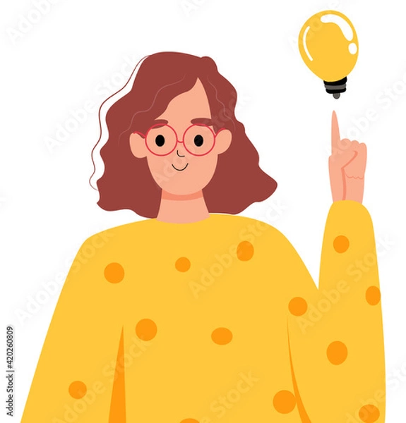Fototapeta The girl had a new idea, an idea in the form of a light bulb.