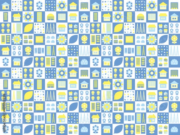 Fototapeta シンプルな夏の街並みの背景パッチワーク風パターン 黄色と緑色のバージョン