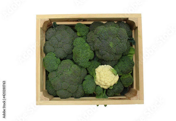 Obraz Wooden box with broccoli and cauliflower isolated on a white background