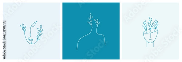 Obraz Set of trendy outline abstract faces or portraits, body with leaves. Greek or greece modern style. Vector illustration, template, logo emblem design.