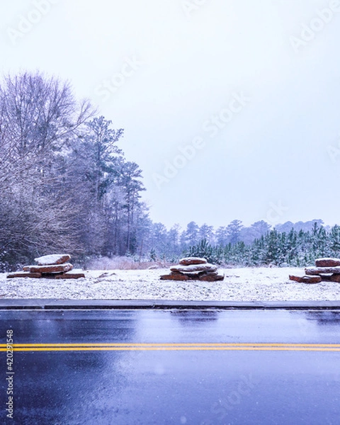 Fototapeta Snowy Tree Landscape With Stacked Stone Display