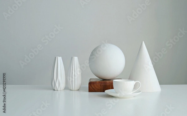 Fototapeta Stylish interior mockup with white geometric shapes of a ball and a cone