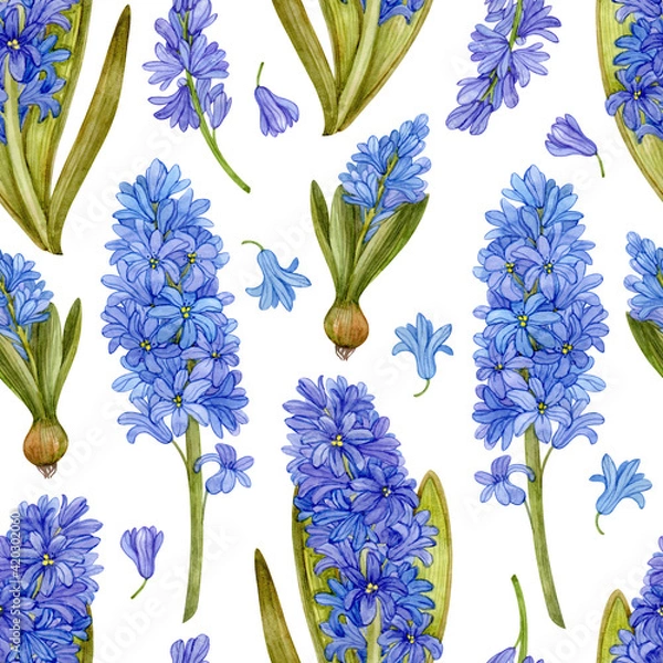 Obraz Seamless pattern with blue watercolor hyacinths on a white background. Pattern with spring bright flowers.