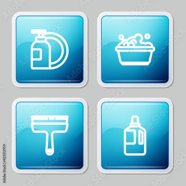 Fototapeta Set line Dishwashing liquid bottle and plate, Plastic basin with soap suds, Rubber cleaner for windows and Fabric softener icon. Vector