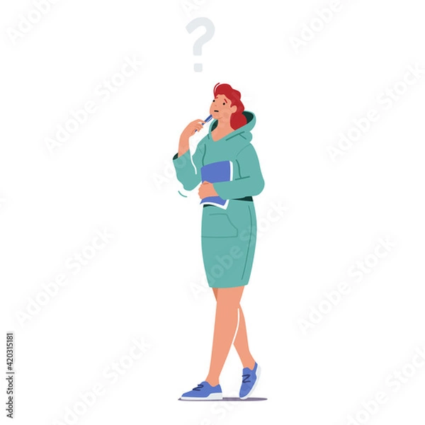 Fototapeta Doubts and Confusion. Serious Female Character Stand Under Question Mark Isolated on White Background. Girl Thinking