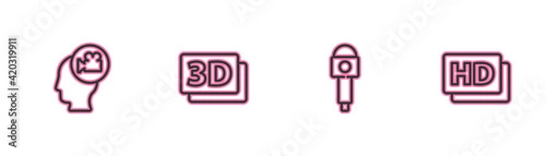 Fototapeta Set line Head with camera, Microphone, 3D word and Hd movie, tape, frame icon. Vector