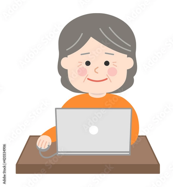 Fototapeta Elderly woman using a laptop computer. Vector illustration isolated on white background.