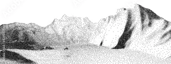 Fototapeta Dot stipple landscape mountains. Vector landscape in dotwork style. Black and white grainy dotwork design. Pointillism graphic.