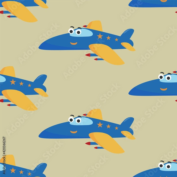 Obraz Seamless pattern texture with Funny cute airplane is flying in the sky. For fabric textile, nursery, baby clothes, background, textile, wrapping paper and other decoration.