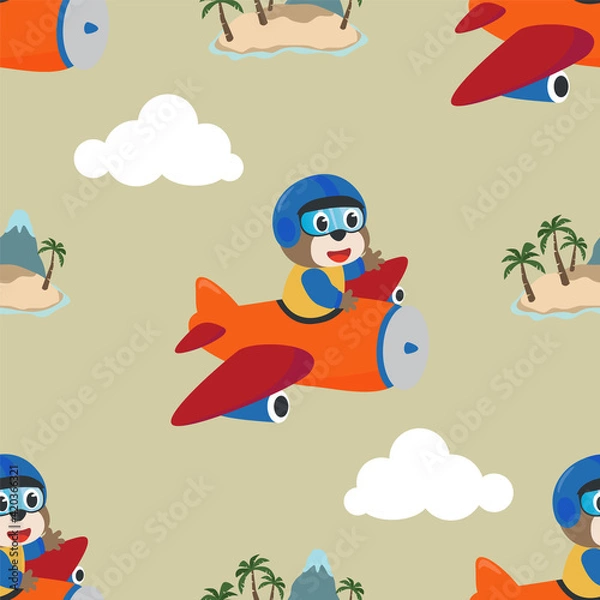 Fototapeta Seamless pattern texture with Cute bear flying in airplane, For fabric textile, nursery, baby clothes, background, textile, wrapping paper and other decoration.