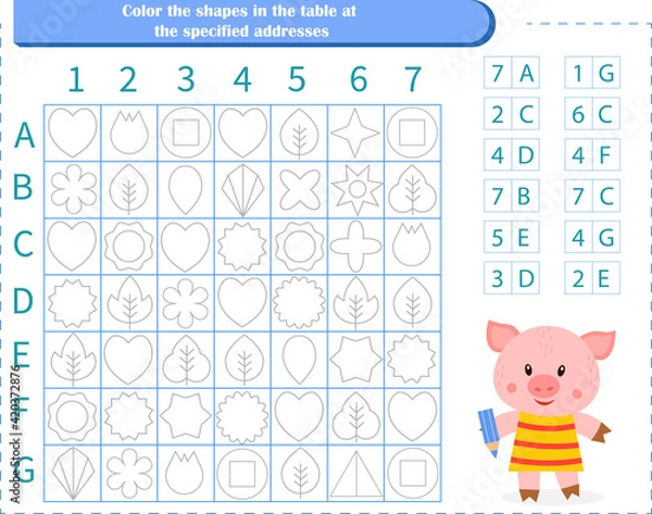 Fototapeta  Logic game for children. Find the figures at the address. Color only these shapes