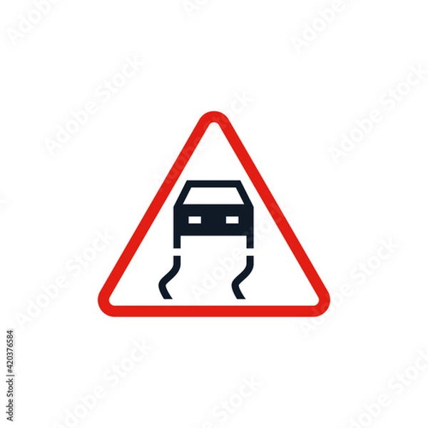Fototapeta Slippery road traffic warning sign icon vector, isolated on white background