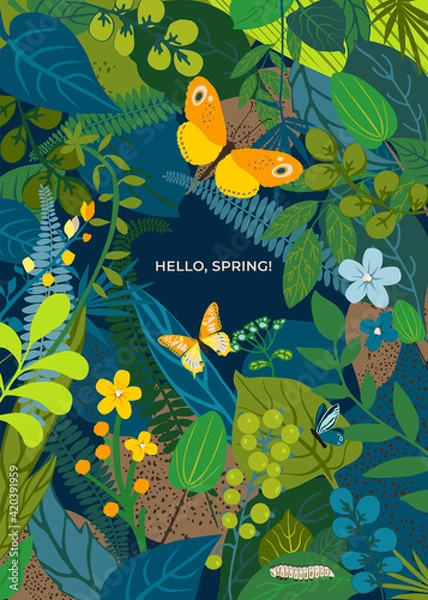 Obraz Beautiful floral background with text Hello Spring, leaves, colorful flowers, caterpillar, butterflies. Summer concept for wedding, kids, greeting card, cover social network. Vector illustration