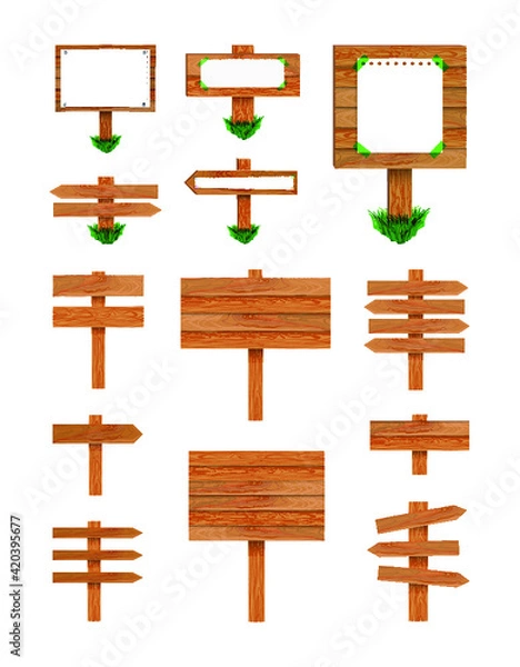 Fototapeta Vector Wooden Signposts Collection, Isolated Illustrations Collection of Retro Signs with Green Grass.
