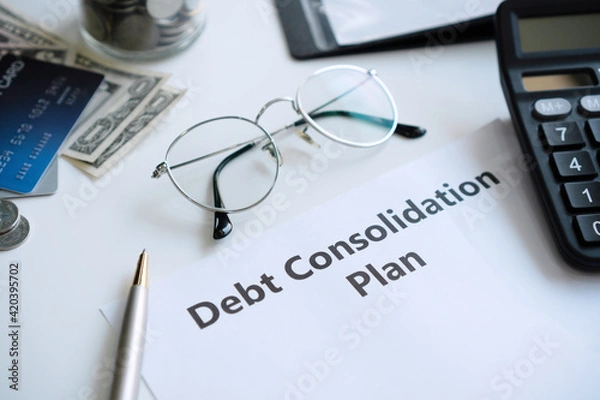 Fototapeta Flat lay of debt consolidation plan in paper on desk with copy space, top view.