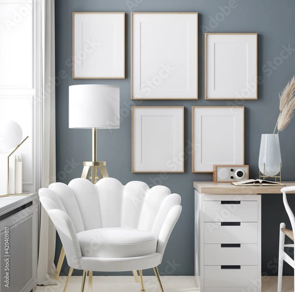 Fototapeta Cozy work place in home interior background with frame mockup, 3d render