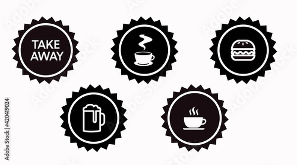 Fototapeta Take away icon set. Set of take away badges or seals, with coffe cups, burger and beer icons