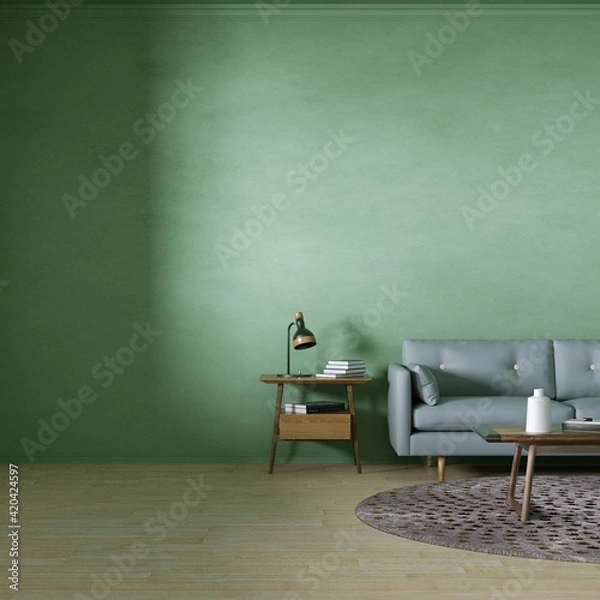 Fototapeta Room with Scandinavian Interior Design with Empty Walls, Sofa, Wooden Floors, Circular Carpet and Middle Table