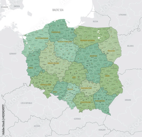 Fototapeta Szczegółowa mapa Polski z podziałami administracyjnymi na 16 prowincji (Voivodeships) i powiaty (Powiats), główne miasta kraju, ilustracja wektorowa na białym tle