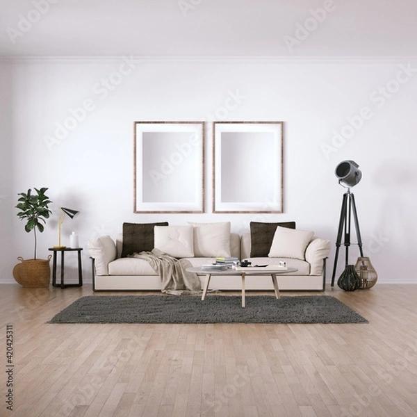 Fototapeta Room with Scandinavian Interior Design with Empty Frame on Walls, Sofa, Wooden Floors, Circular Carpet and Indoor Plant