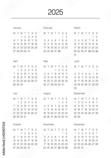 Fototapeta A5 format. Organizer and bullet journal printable page. Perfect minimalist calendar. 2025 year. Week starts at Monday. European English Gregorian calendar. Planner sticker. Stationery. Vector.	