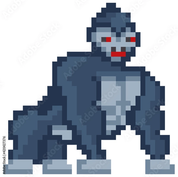 Fototapeta Vector pixelated Gorilla cartoon pixel design wild animal with red eyes isolated on white background