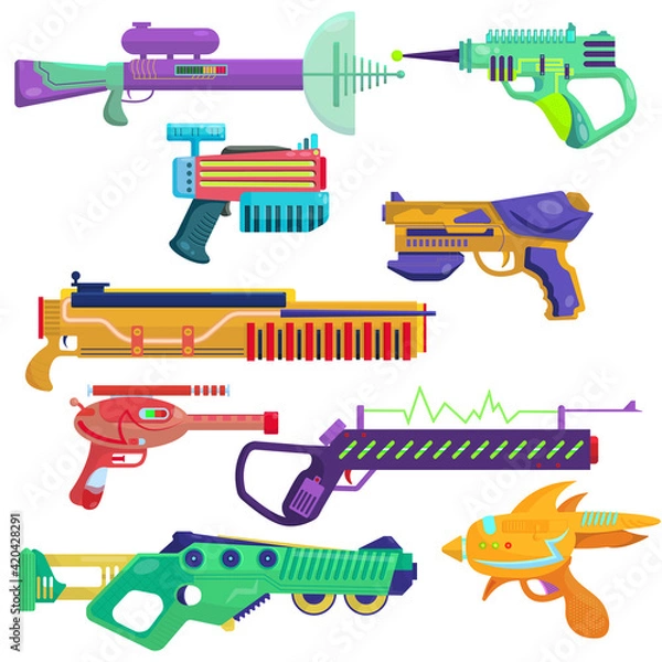 Fototapeta Vector set of blasters. Bright blasters in a cartoon style. Colorful weapons for computer games. Children's guns to play with. alien energy weapons.