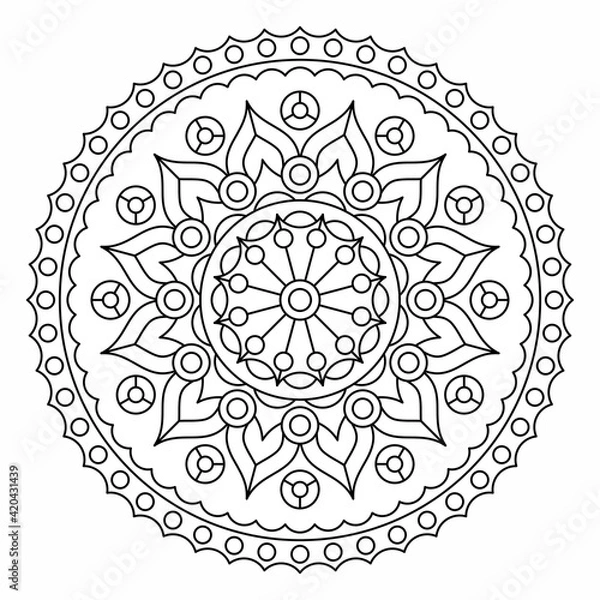 Fototapeta Black and white round mandala with floral pattern. Coloring page. Vector drawing.