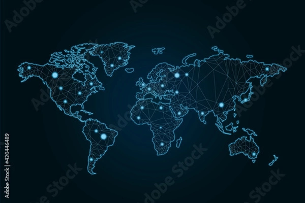 Fototapeta Social network connection concept with glowing contour lines countries and dots on dark background