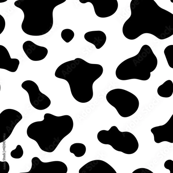 Obraz Cow texture pattern. Animal skin template. Spot background. Vector design illustration. Random bovine spots hand drawn design. Farm animal textural banner.