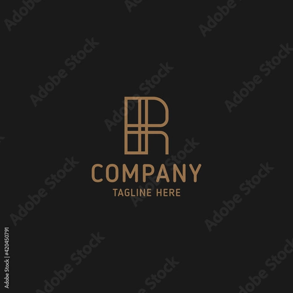 Fototapeta Simple and minimalist gold line art letter R monogram initial logo in black background