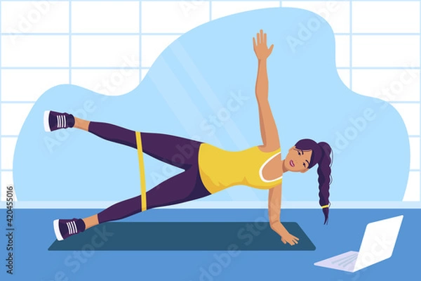 Fototapeta A girl performs an exercise with an elastic band