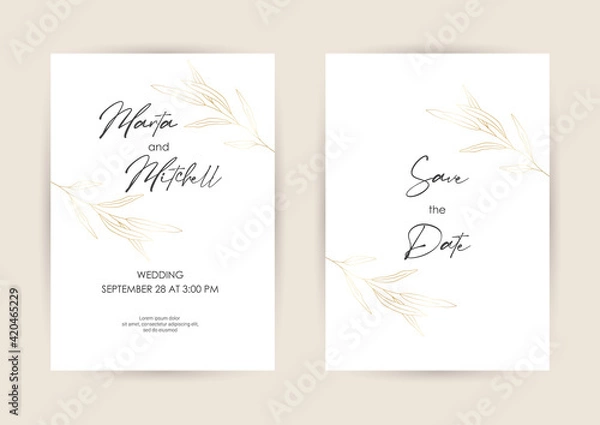 Fototapeta Wedding Invitation with Gold Flowers and gold geometric line design. Cover design with an ornament of golden leaves. vector eps10