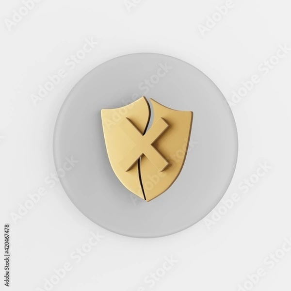 Fototapeta Golden broken shield icon. 3d rendering gray round key button, interface ui ux element.