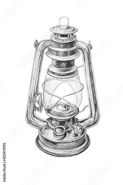 Fototapeta Pencil drawing of a kerosene lamp