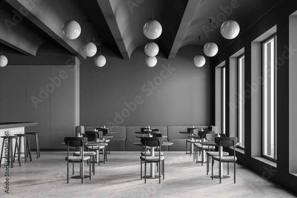 Fototapeta Cafeteria, dining room in university, cafe with tables and chairs, counter bar hotel. Canteen interior in school, college or office. Wall copy space.