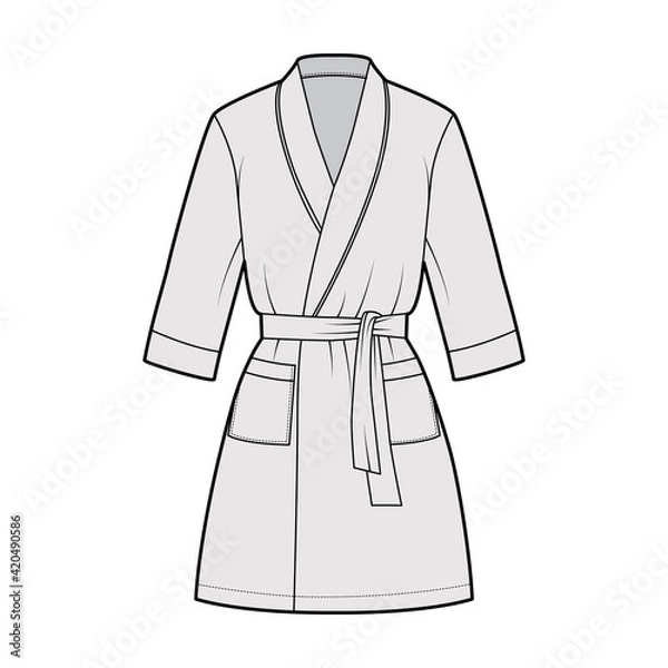 Fototapeta Bathrobe Dressing gown technical fashion illustration with wrap opening, mini length, oversized, tie, pocket, elbow sleeves. Flat apparel front, grey color style. Women, men, unisex CAD mockup